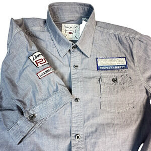 Projek Raw Shirt Mens sz M Button Up Short Sleeve Blue Embroidered Remember 1967